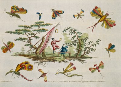 Illustrazione che mostra farfalle e due figure centrali con abbigliamento giapponese da 